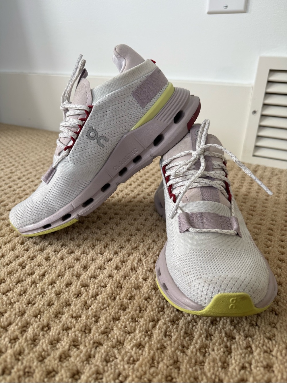On Cloud Nova Running Women’s Sneakers in Light Gray, Pale Purple & Yellow